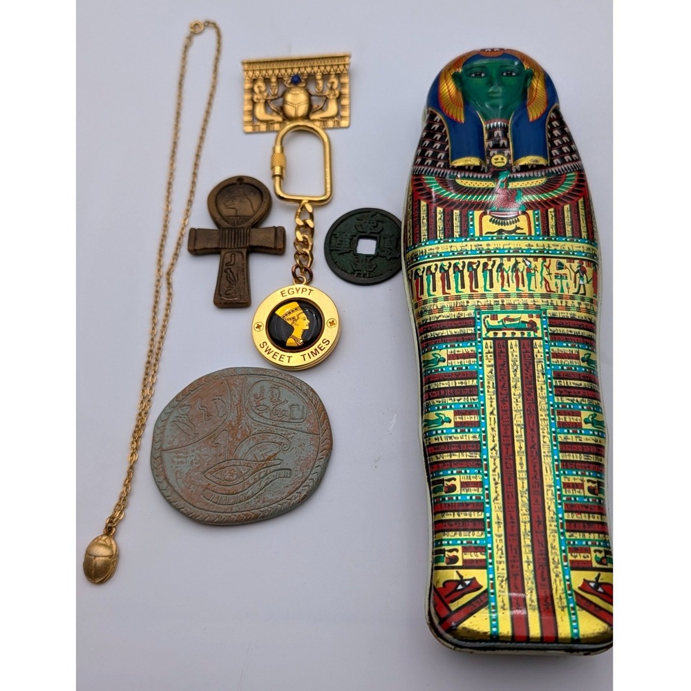 Egyptian Revival Lot King Tut Sarcophagus Tin Scarab Brooch Ankh Eye of Horus
